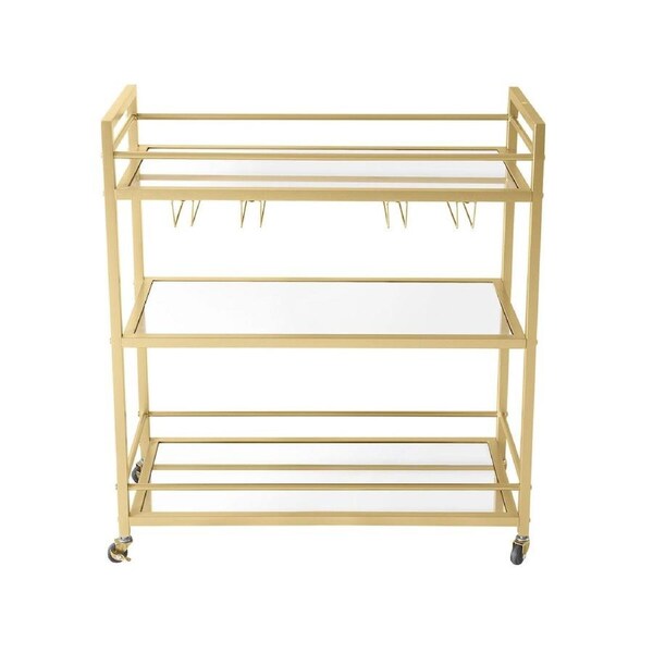 Gold Bar Cart Wine Rack Drinks Trolley Coffee Tea Kitchen Serving Storage Cocktail Glass Bottle Holders Hooks Curtain Wall Mirror Shelves 3 Tier Metal