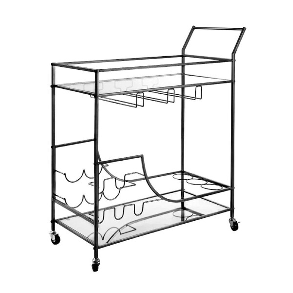 Black Bar Cart Drinks Trolley Mobile Coffee Tea Wine Kitchen Serving Rack Glass Bottle Holders Hooks Curtain Wall Mirror Storage Shelves with Wheels