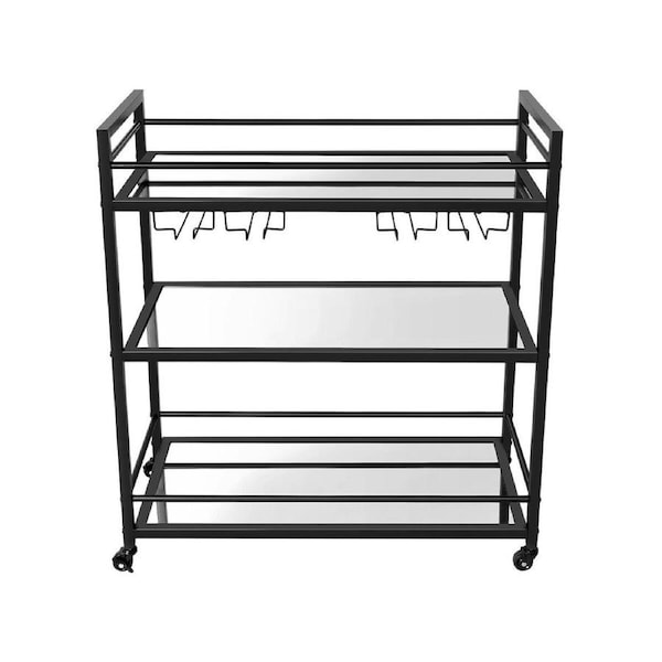 Black Bar Cart Drinks Trolley Coffee Tea Wine Home Kitchen Serving Rack Cocktail Glass Bottle Holders Hooks Curtain Wall Mirror Storage Shelves Metal