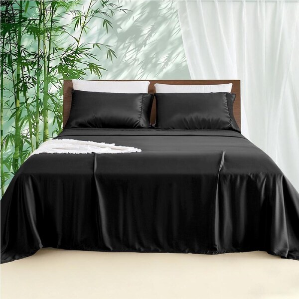 LINENOVA Pure Bamboo Sheet Sets Luxury Soft Flat Fitted Sheet Pillowcases Set All Size 8 Colors Single / Black