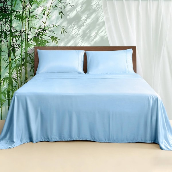 LINENOVA Pure Bamboo Sheet Sets Luxury Soft Flat Fitted Sheet Pillowcases Set All Size 8 Colors King Single / Delicate Blue