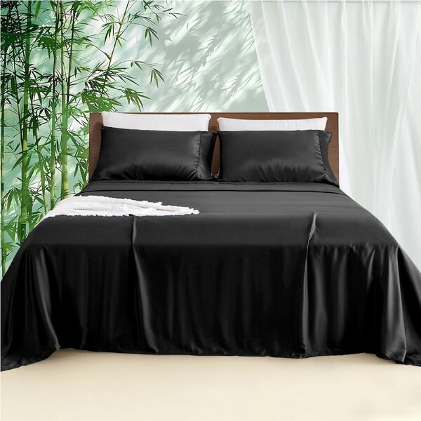 LINENOVA Pure Bamboo Sheet Sets Luxury Soft Flat Fitted Sheet Pillowcases Set All Size 8 Colors Queen / Black