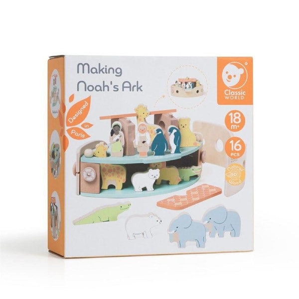 16pc Classic World Childrens Wooden Pretend Noah's Ark Playset 18M+