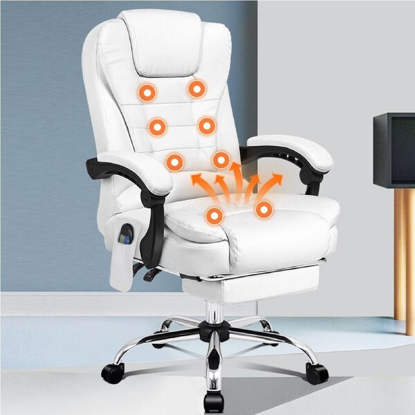 ALFORDSON Massage Office Chair Heated Seat Executive Gaming PU Leather Racer Elias - White