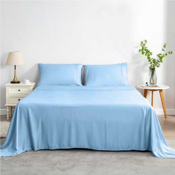 LINENOVA 4 Pcs Luxury Cooling Bamboo Sheet Set All Size Double / Delicate Blue