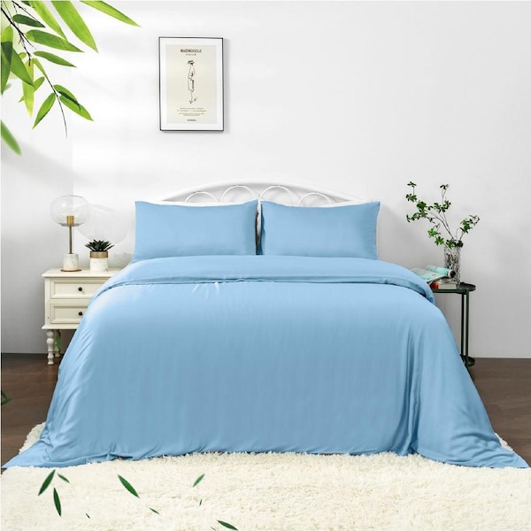 LINENOVA 100% Organic Bamboo Quilt Cover Sets Hypo-Allergenic Cooling Breathable Luxury Doona/Duvet Cover Sets Delicate Blue / Super King