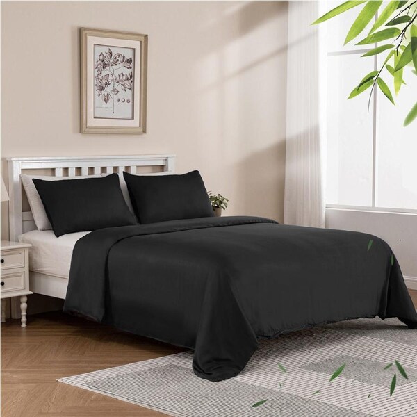 LINENOVA 100% Natural Bamboo Quilt Cover Set Breathable Silk Soft Comfort Home Bedding For All Seasons Black / Single