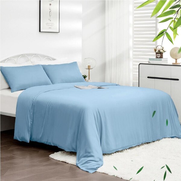 LINENOVA 100% Natural Bamboo Quilt Cover Set Breathable Silk Soft Comfort Home Bedding For All Seasons Delicate Blue / Single