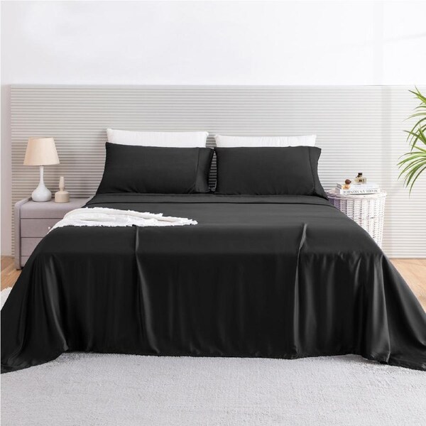 LINENOVA 100% Bamboo Sheet Set Flat Fitted Sheet Pillowcases 5 Size Single / Black