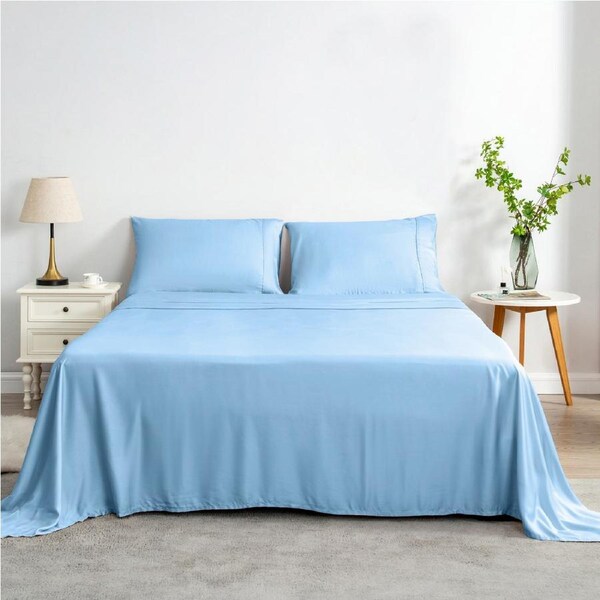 LINENOVA 100% Bamboo Sheet Set Flat Fitted Sheet Pillowcases 5 Size Single / Delicate Blue