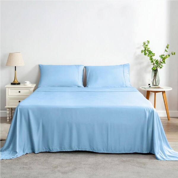 LINENOVA 100% Bamboo Sheet Set Flat Fitted Sheet Pillowcases 5 Size Double / Delicate Blue