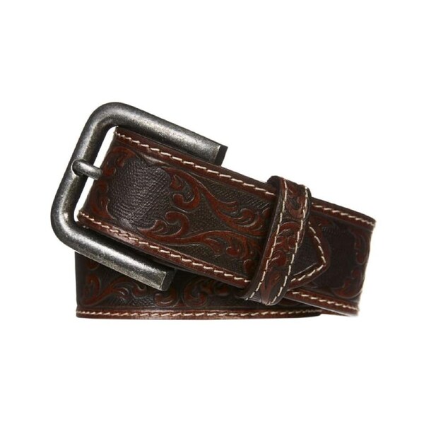 Mens Engraved Genuine Buffalo Leather Belt - Brown S