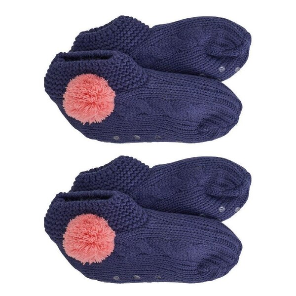 2PK Annabel Trends Bedroom Slouchy Slip-On Slippers One Size Navy w/ Pink Pom