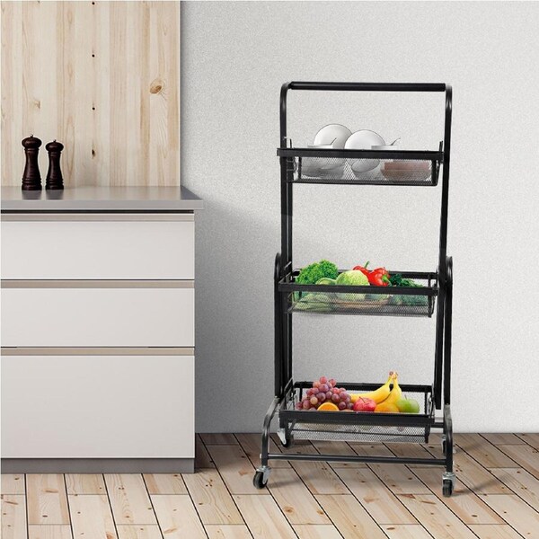 Levede Kitchen Trolley Cart 3 Tiers 180° Swivel Storage Shelf Organiser Rack Black