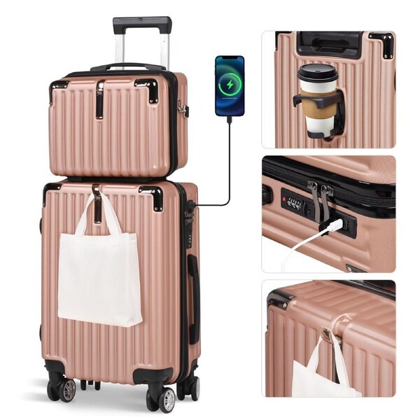 Advwin 2PCS Luggage Set(20+14 Inch), Carry On Hardshell Luggage with Power Bank Pocket, Cup Holder, 360 Degree Wheels for Travel, Rose Gold