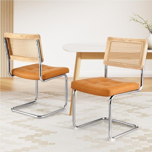 1 Set of 2 Artiss Dining Chairs PU Leather Rattan Cantilever Brown