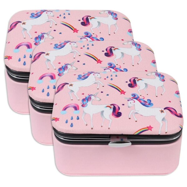 3PK Wicked Sista Unicorn Rainbows Deluxe Jewellery Hard Cover Travel Case 8x4cm