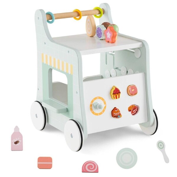 Babyjoy 2 in 1 Wooden Baby Walker Montessori Push & Pull Walking Toy Dessert Ice Cream Cart w/Interactive Accessories Green