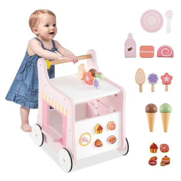 Babyjoy 2 in 1 Wooden Baby Walker Montessori Push & Pull Walking Toy Dessert Ice Cream Cart w/Interactive Accessories Pink