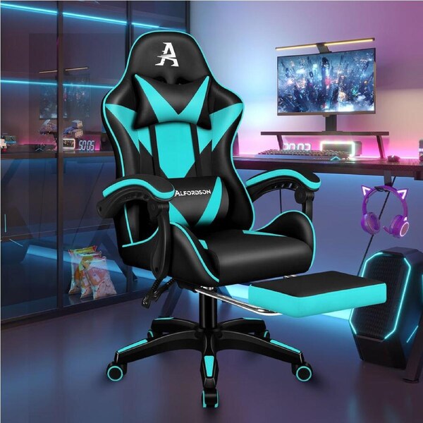 ALFORDSON Gaming Office Chair Massage Computer Footrest Leather Black & Cyan