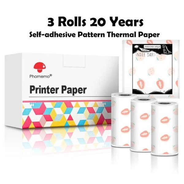 3 Rolls of Strawberry White Stickers Compatible with Phomemo T02 Mini Pocket Thermal Printer