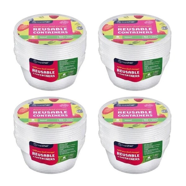 4x 8pc Top Chef MultiPurpose Durable Round Food Containers 12x12x4.5cm 300ml