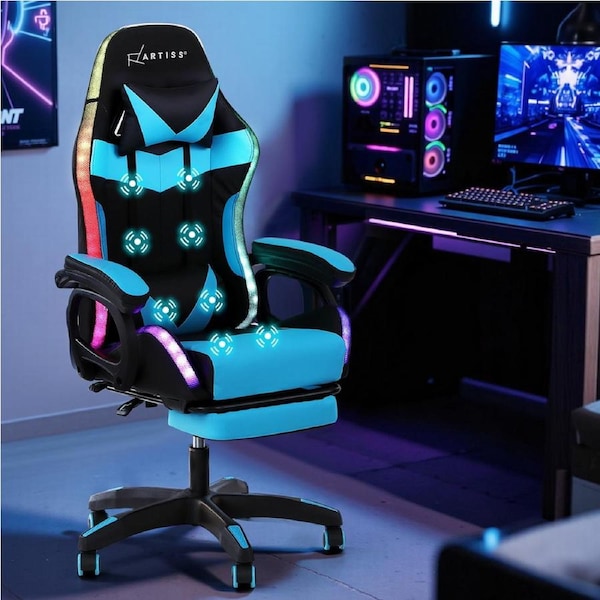 Artiss Gaming Office Chair 12 RGB LED Massage Computer Work Seat Footrest Cyan