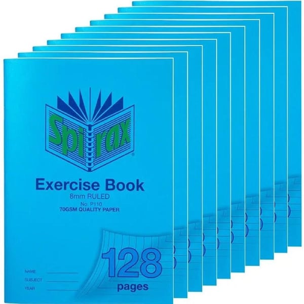 Spirax P110 Exercise Book Ruled 8mm 70GSM 128 Page A4 Blue Cover 10 Pack