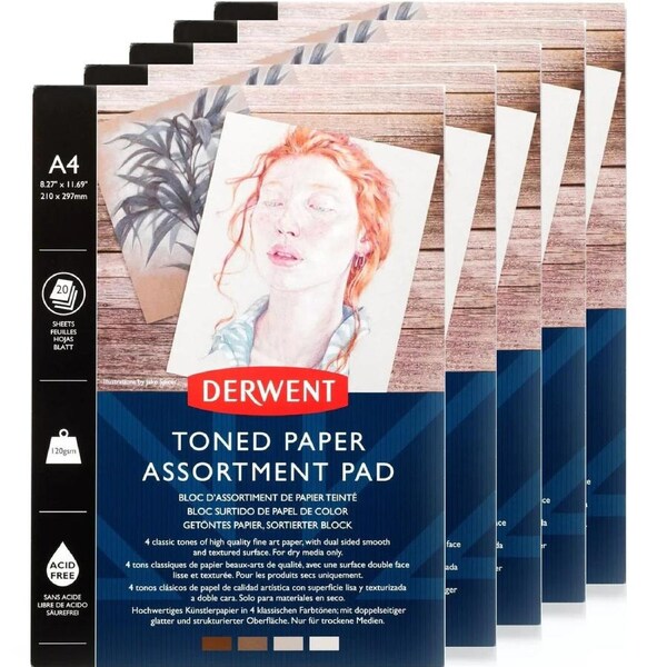 Derwent Mixed Toned Paper Pad 120gsm 4 Mid Tone Colours 20 Sheets A4 5 Pack