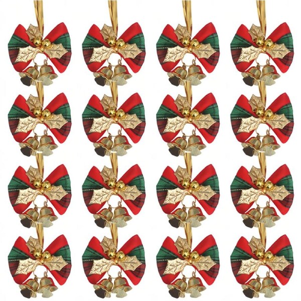 Nevenka 16Pcs Mini Christmas Bows with Bell 2inch Decorative Tree Wreaths New Year Gift-Gold