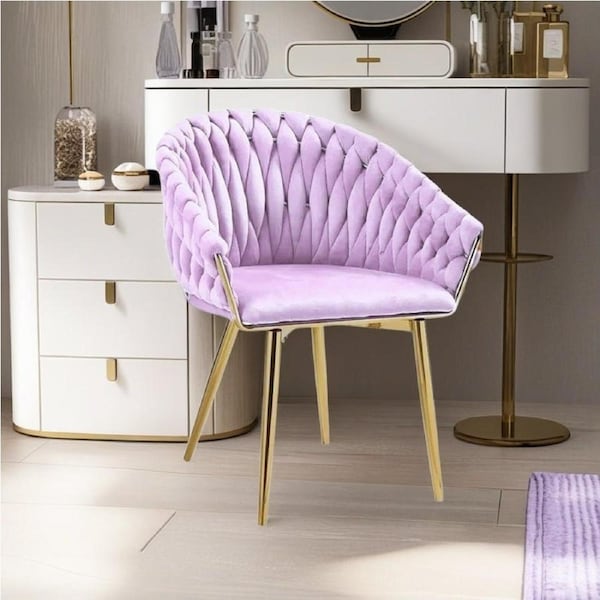 SERENITa Pink Modern Velvet Dining Chairs, Upholstered Living Room Chair with Woven Back and Golden Metal Legs, Mid-Century Accent Set of 2