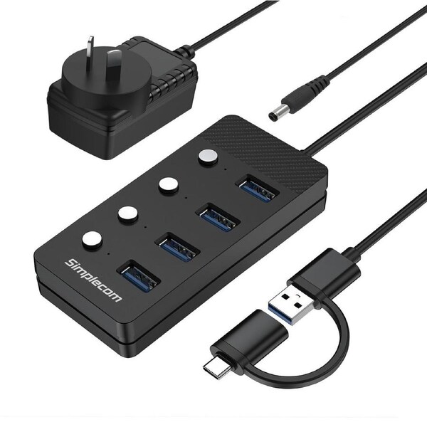 Simplecom CH345C SuperSpeed USB-A and USB-C to 4-Port USB 3.0 Hub 5Gbps Individual Switches and Power Adapter