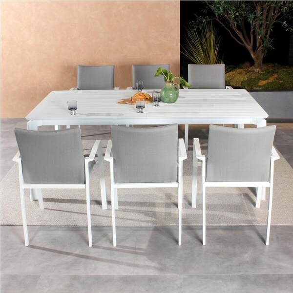 Ataman 7pc Set Outdoor Dining 200-300cm Extension Aluminium Table 6 Chair White