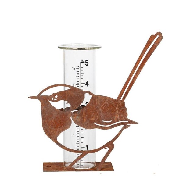 Wren Bird Glass Rain Gauge Outdoor Decoration 17x15cm Rust
