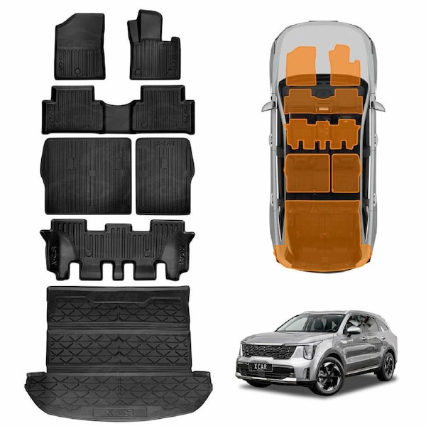 3D Floor Mats Boot Liner Set for Kia Sorento 2020-Onwards All Weather Heavy Duty Cargo Kick Back Seat Protector Cover