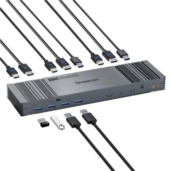 Simplecom KM490 HDMI and DisplayPort Dual Monitor KVM Switch for 2 Computers with 4-Port USB 3.0 Hub 5Gbps 8K@60Hz