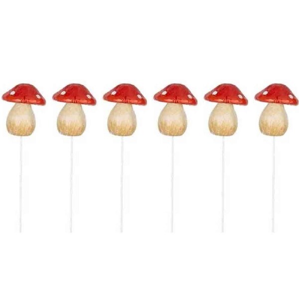 6PK Mushroom on Red Stick Outdoor Decoration Small & White Assorted