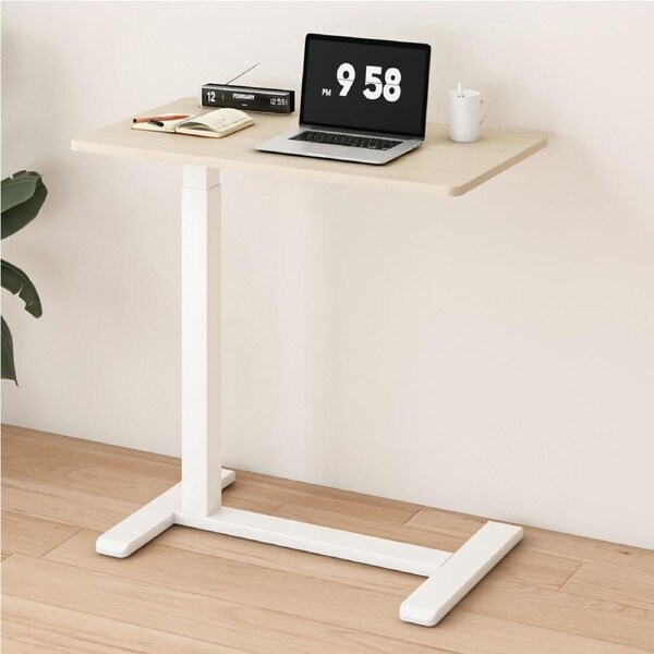 Advwin Mobile Standing Desk with Wheels Pneumatic Height Adjustable Laptop Desk Rolling Computer Cart Overbed Bedside Table 70 x 40cm White Oak