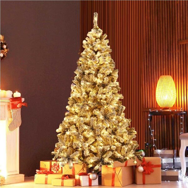 Costway 6FT/1.8M Pre Lit Christmas Tree LED Snowy Xmas Tree Hinged Party Home Decor Gift White