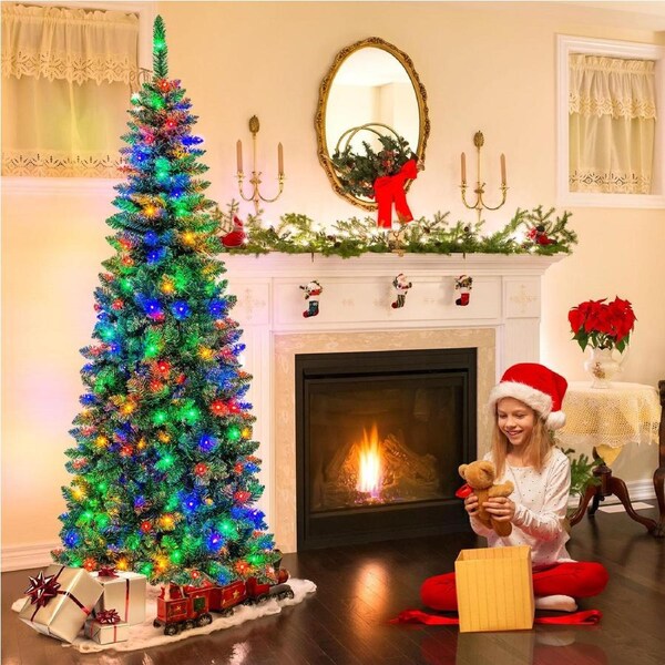 Costway 2M Pre-lit Christmas Tree PVC Tips Slim Xmas Tree Hinged w/Multicolor Lights Holiday Home Decor