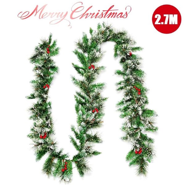 Costway 2.7M Christmas Garland w/Timer LEDs Pine Needles Red Berries Xmas Wreath Party Wall Decoration