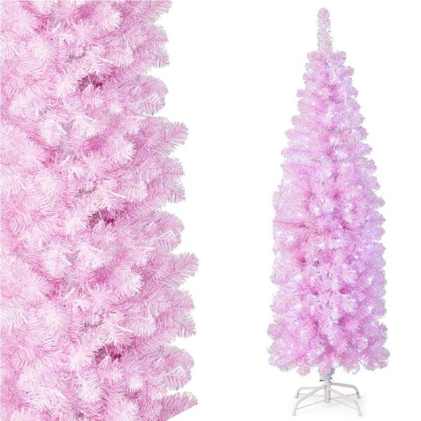 Costway 183CM Pre-lit Christmas Tree 250 Cold White LEDs Hinged Pencil Tree 475 Branch Tips Xmas Decor w/Foldable Metal Stand
