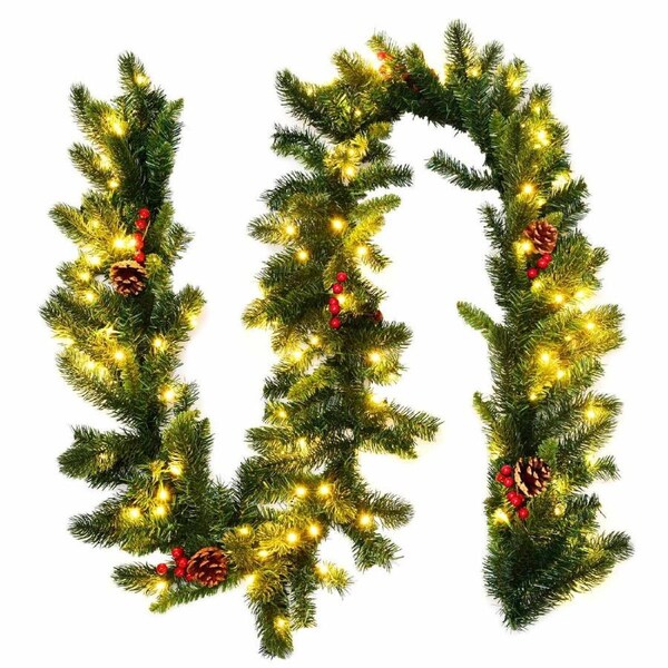 Costway 2.7m Christmas Garland 200 Tips 100 LED Lights Xmas Wreath w/Berries Home Decor