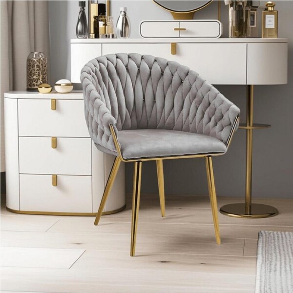 SERENITà Grey Modern Velvet Dining Chairs, Upholstered Living Room Chair with Woven Back and Golden Metal Legs, Mid-Century Accent Set of 2