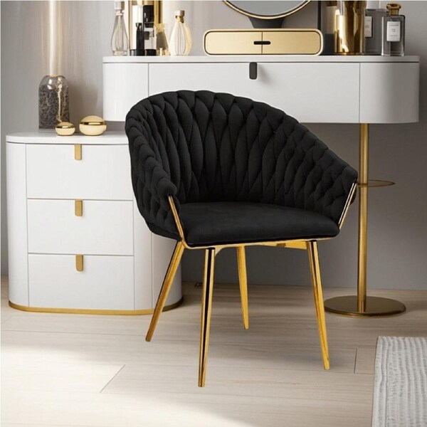 SERENITà Black Modern Velvet Dining Chairs, Upholstered Living Room Chair with Woven Back and Golden Metal Legs, Mid-Century Accent Set of 2