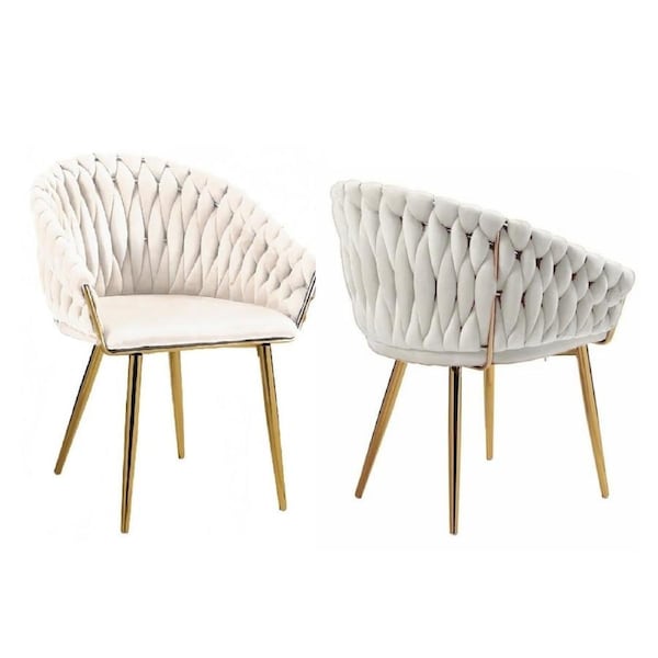 SERENITa Ivory Modern Velvet Dining Chairs, Upholstered Living Room Chair with Woven Back and Golden Metal Legs, Mid-Century Accent Set of 2