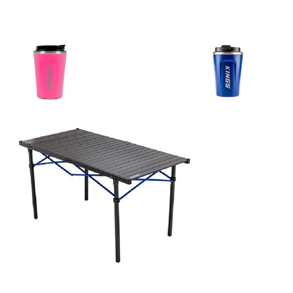 Kings Aluminium Roll-Up Camp Table - Large + Kings Coffee Cup-380ml Blue+ Pink
