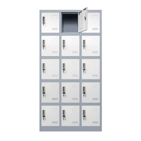 15 Doors Locker Cabinet Steel Storage Cupboard Metal File Organiser Home School Garage Office Gym Dorm Student Employee Staff Locks Card Slots 185cm