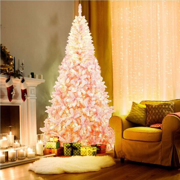 Costway Snow Flocked Christmas Tree 2.2M 1100 Branch Tips 450 LED Lights Indoor Hinged Xmas Tree