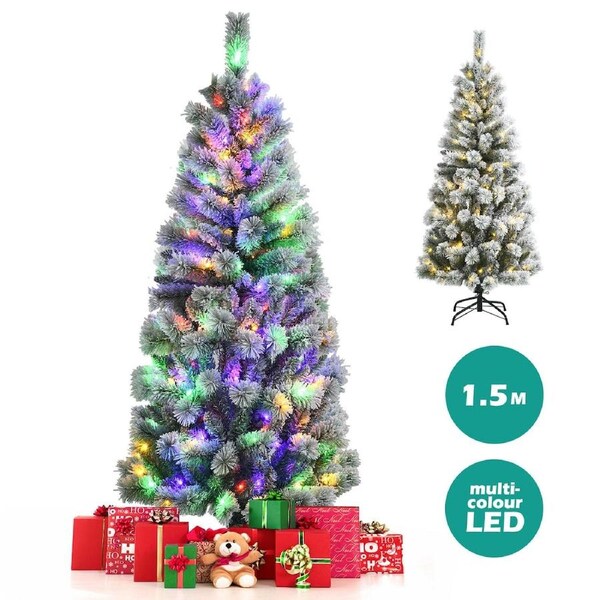 1.8M LED Pre Lit Xmas Snowy Christmas Tree Hinged Mixed Fluffy Tips w/Lights & Remote Control Office Party Home Decor